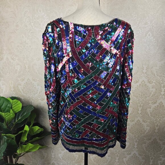 Vintage 80's Silk Sequin Beaded Evening Blouse Blue Green Fuchsia Black - Picture 8 of 16